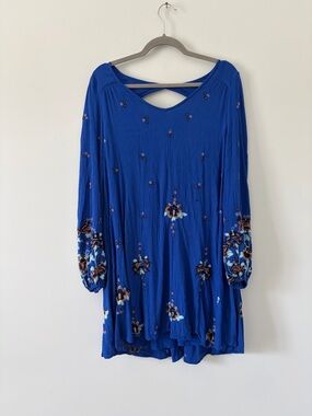 Free People Oxford Embroidered Cobalt Blue Long Sleeve Baby Doll Boho Dress M